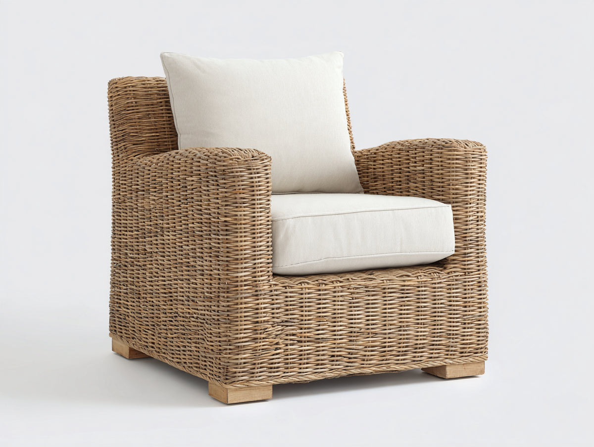 Poltrona da giardino - Rattan-Tessuto-Legno - 80 x 78 x 85 cm - Naturale-Crema - Stile naturale