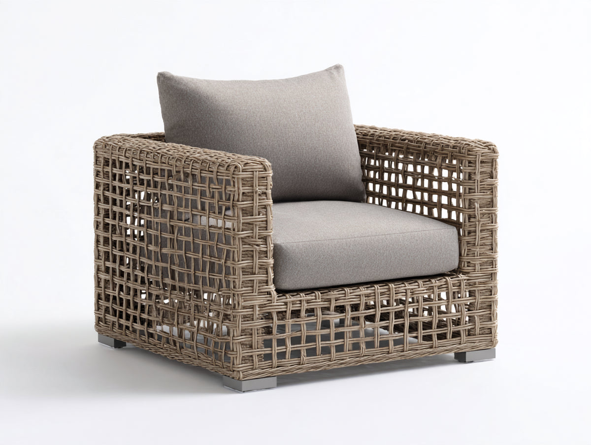 Poltrona da giardino - Rattan-Tessuto-Metallo - 82 x 80 x 78 cm - Naturale-Tortora - Stile contemporaneo