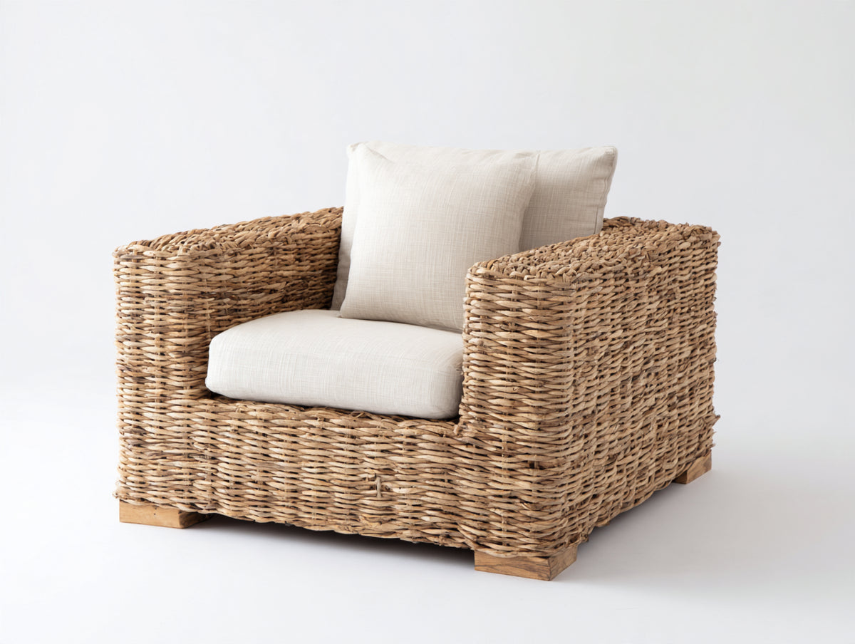 Poltrona da giardino - Rattan-Tessuto-Legno - 88 x 85 x 82 cm - Naturale-Crema - Stile naturale