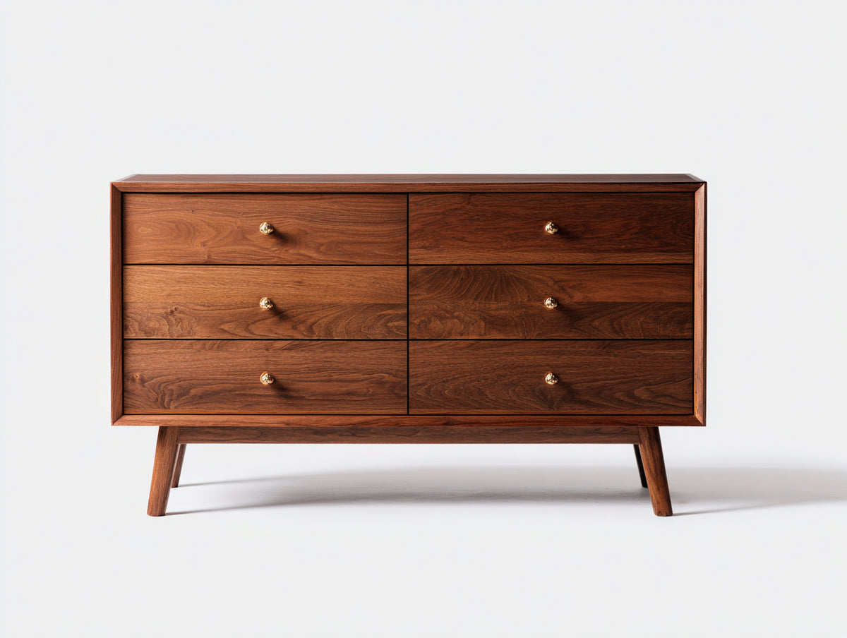 Cassettiera - legno di noce-metallo - 145 x 45 x 85 cm - noce-oro - stile moderno di metà secolo