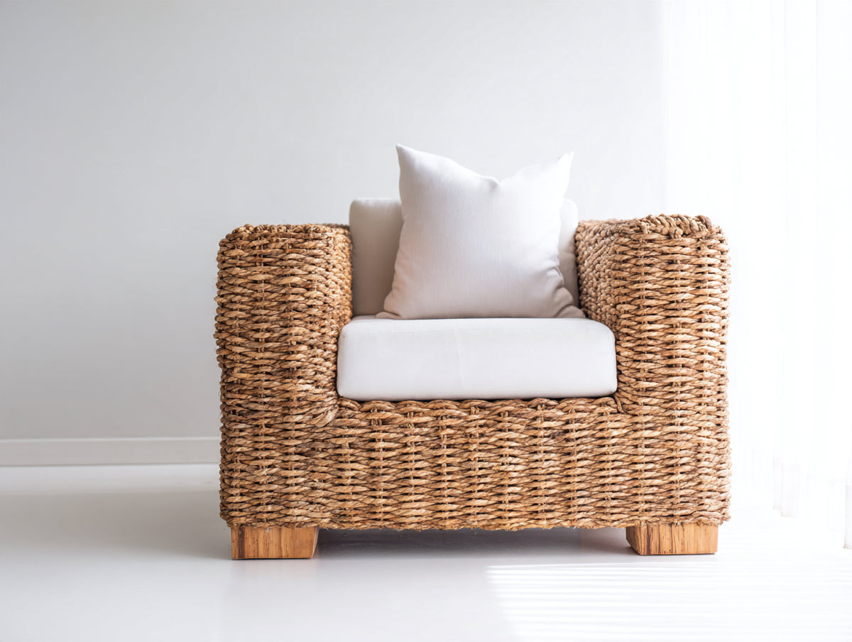 Poltrona da giardino - Rattan-Tessuto-Legno - 88 x 86 x 84 cm - Naturale-Crema - Stile rustico