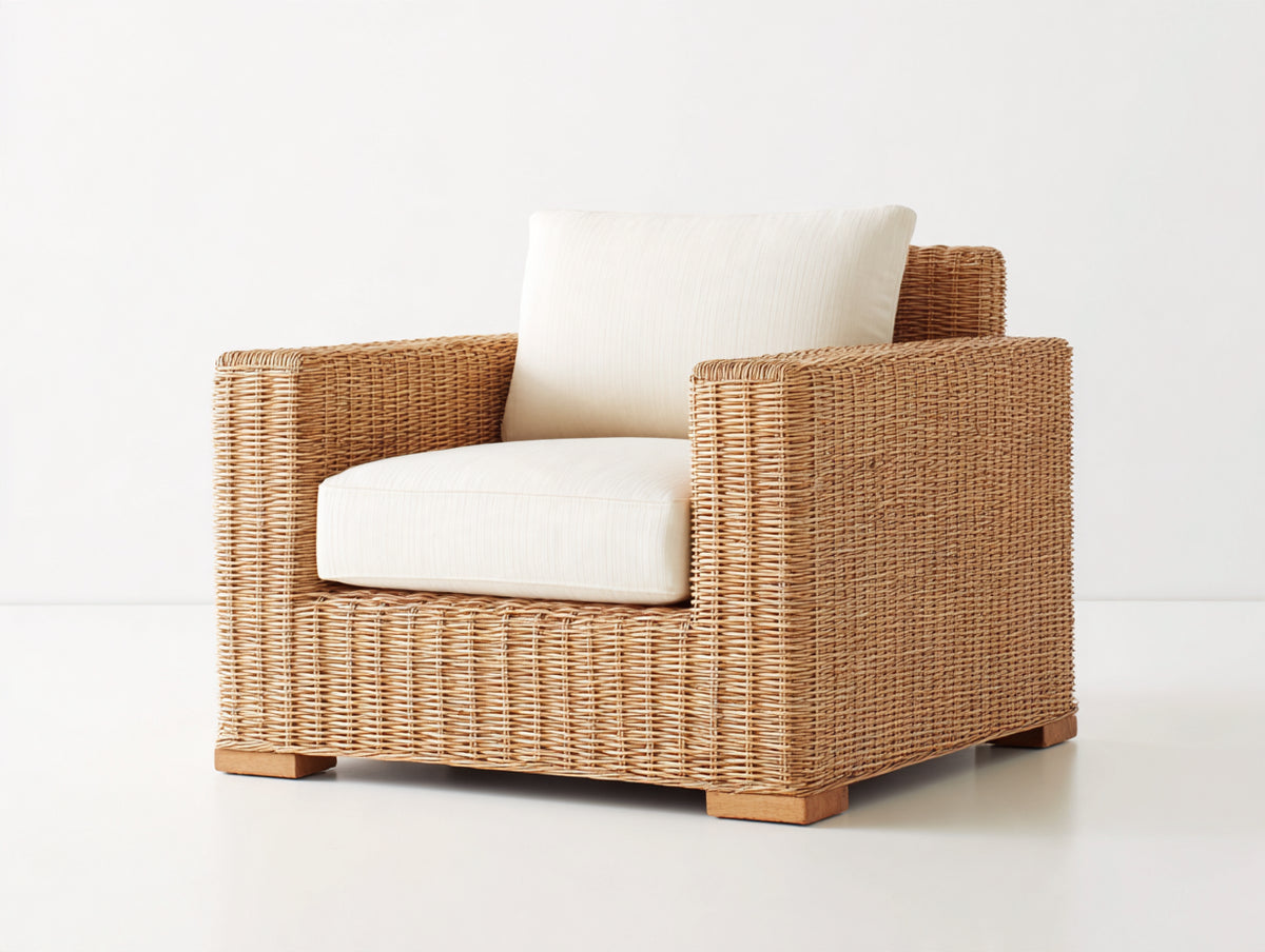 Poltrona da giardino - Rattan-Tessuto-Legno - 86 x 83 x 81 cm - Naturale-Crema - Stile naturale