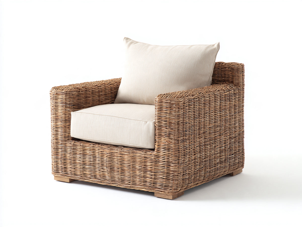 Poltrona da giardino - Rattan-Tessuto-Legno - 86 x 84 x 82 cm - Naturale-Crema - Stile naturale