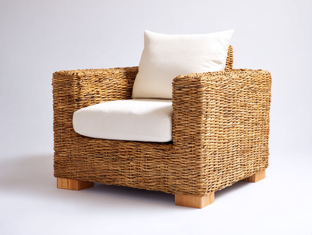 Poltrona da giardino - Rattan-Tessuto-Legno - 87 x 84 x 83 cm - Naturale-Crema - Stile rustico