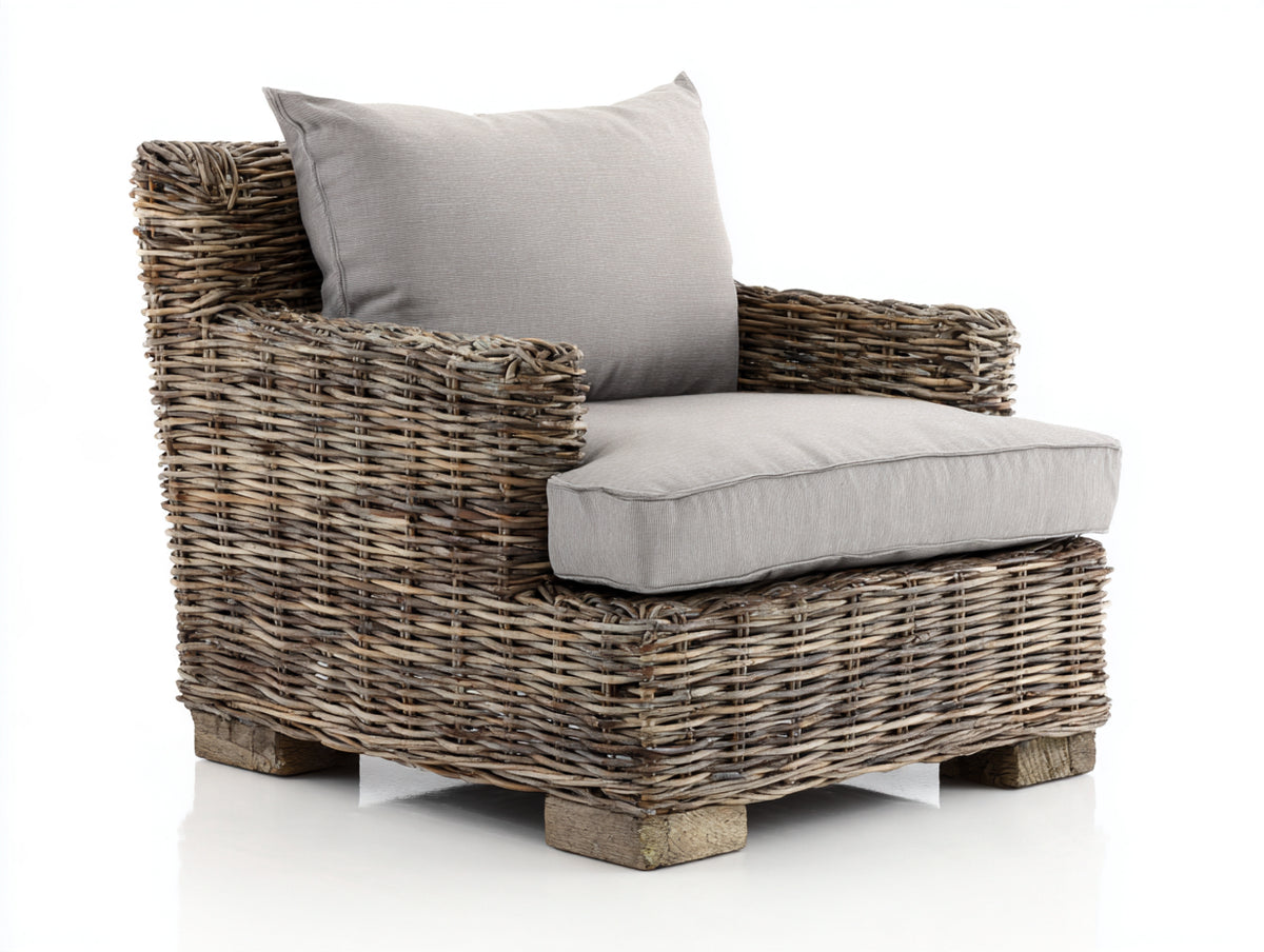Poltrona da giardino - Rattan-Tessuto-Legno - 90 x 87 x 84 cm - Naturale-Grigio - Stile rustico